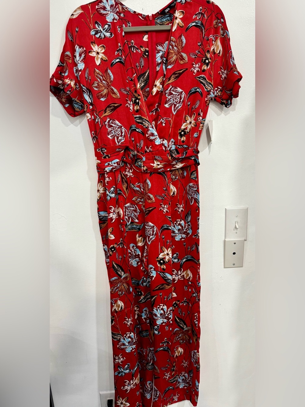 Zara Red Floral Jumpsuit with Tie Waist
